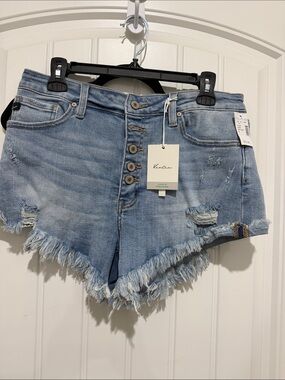 KanCan Light Blue High-Rise Frayed Denim Shorts